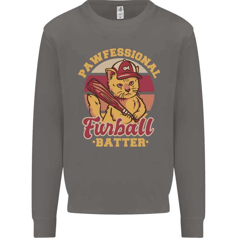 Funny Baseball Cat Furball Batter Mens Sweatshirt Jumper Charcoal