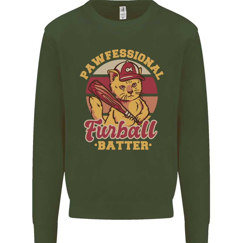 Funny Baseball Cat Furball Batter Mens Sweatshirt Jumper Forest Green