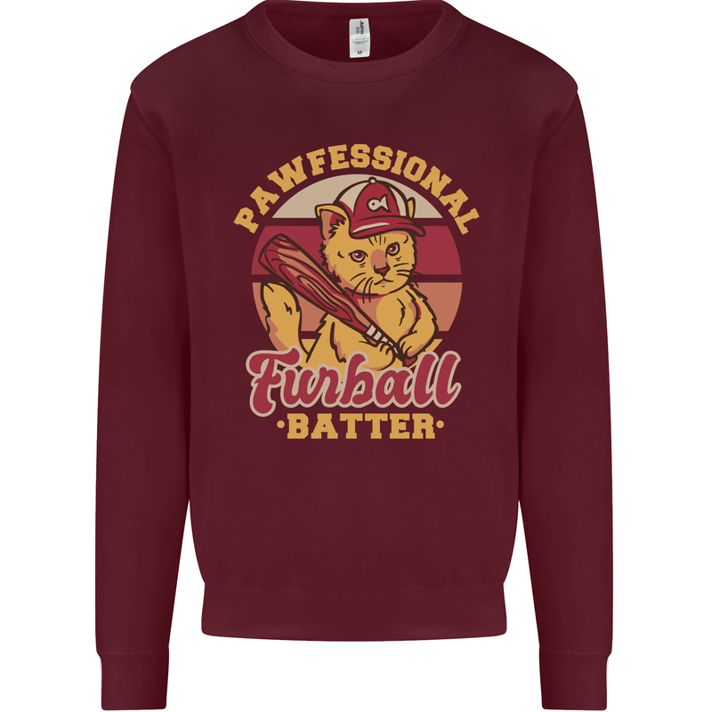 Funny Baseball Cat Furball Batter Mens Sweatshirt Jumper Maroon