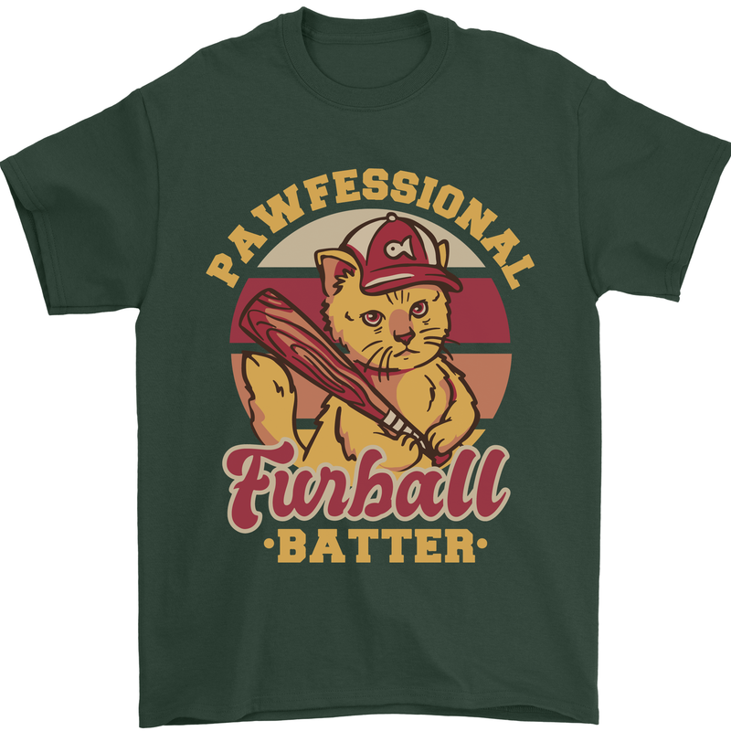 Funny Baseball Cat Furball Batter Mens T-Shirt 100% Cotton Forest Green