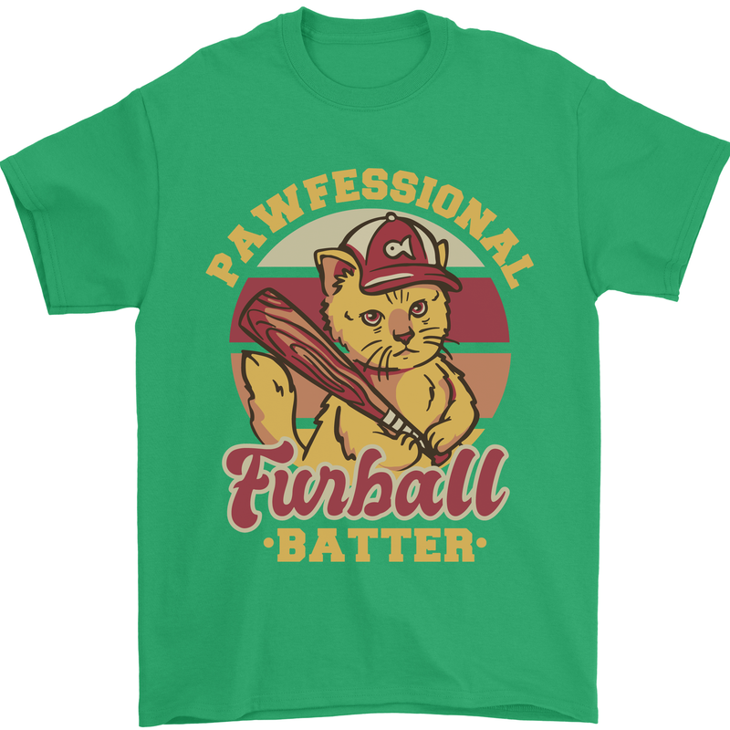 Funny Baseball Cat Furball Batter Mens T-Shirt 100% Cotton Irish Green