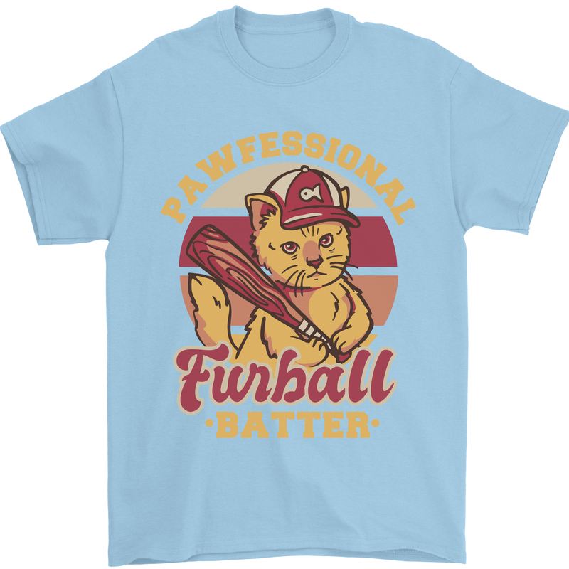 Funny Baseball Cat Furball Batter Mens T-Shirt 100% Cotton Light Blue