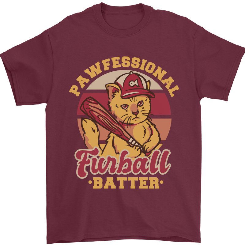 Funny Baseball Cat Furball Batter Mens T-Shirt 100% Cotton Maroon