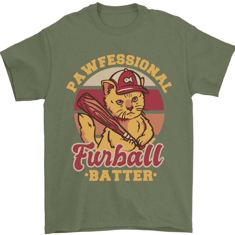 Funny Baseball Cat Furball Batter Mens T-Shirt 100% Cotton Military Green