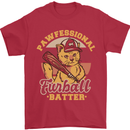 Funny Baseball Cat Furball Batter Mens T-Shirt 100% Cotton Red