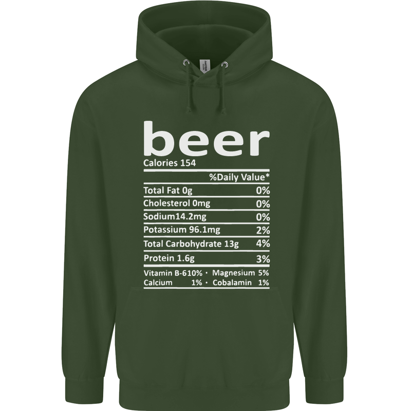 Funny Beer Nutritional Facts Alcohol Childrens Kids Hoodie Forest Green