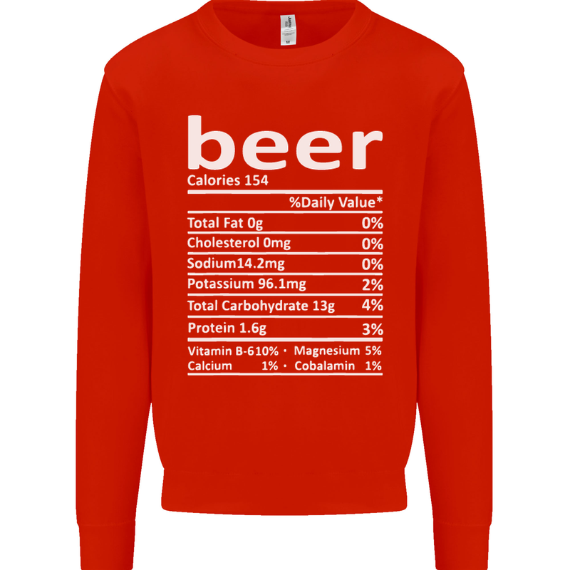 Funny Beer Nutritional Facts Alcohol Kids Sweatshirt Jumper Bright Red