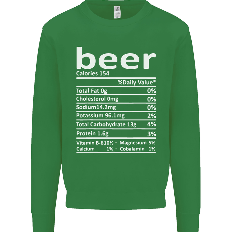 Funny Beer Nutritional Facts Alcohol Kids Sweatshirt Jumper Irish Green