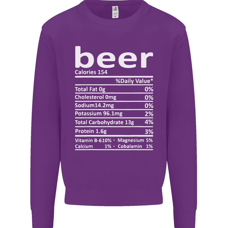 Funny Beer Nutritional Facts Alcohol Kids Sweatshirt Jumper Purple