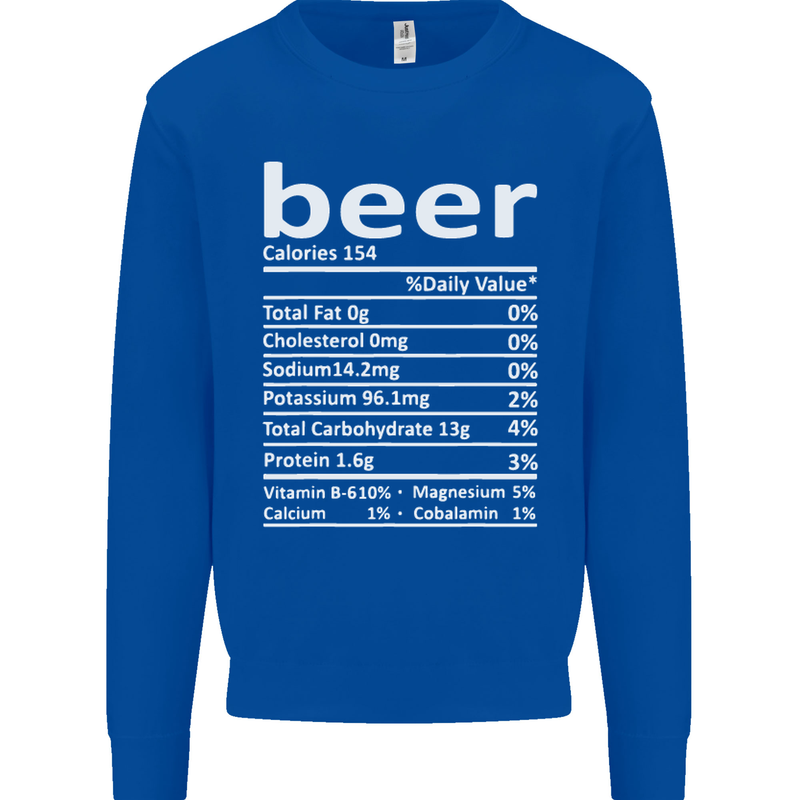 Funny Beer Nutritional Facts Alcohol Kids Sweatshirt Jumper Royal Blue