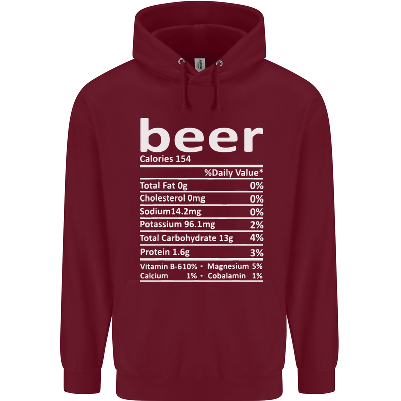 Funny Beer Nutritional Facts Alcohol Mens 80% Cotton Hoodie Maroon