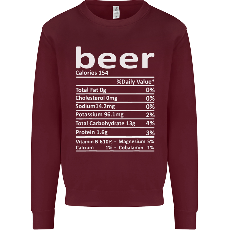 Funny Beer Nutritional Facts Alcohol Mens Sweatshirt Jumper Maroon