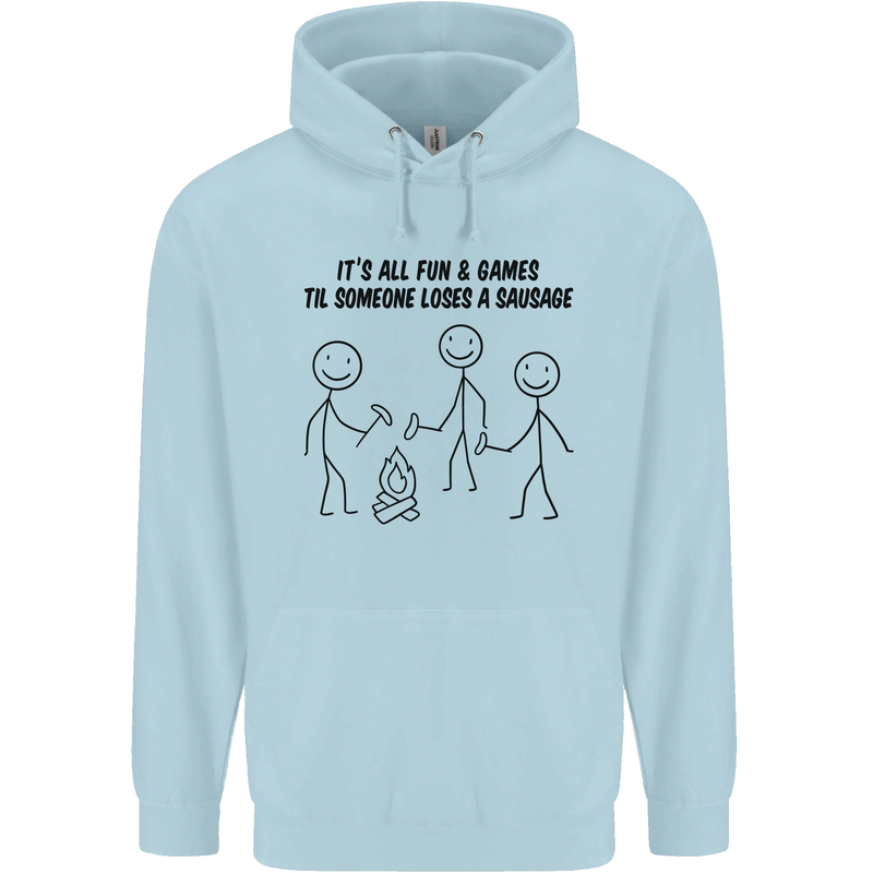 Funny Camping Sausage Childrens Kids Hoodie Light Blue