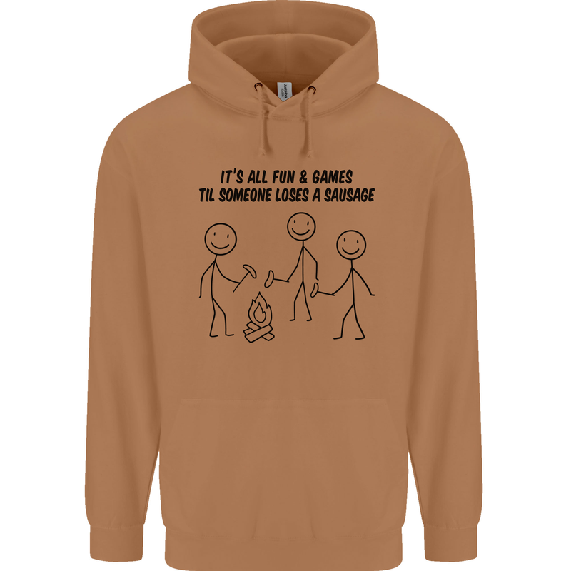 Funny Camping Sausage Mens 80% Cotton Hoodie Caramel Latte