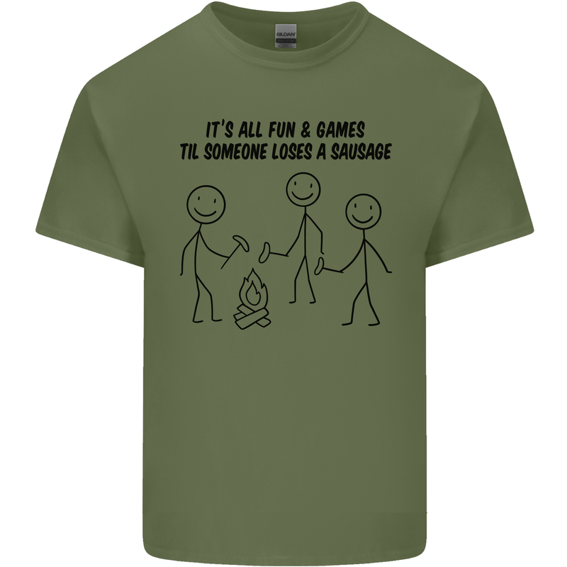 Funny Camping Sausage Mens Cotton T-Shirt Tee Top Military Green