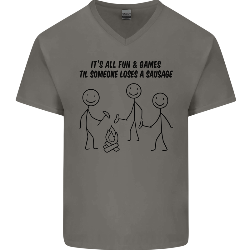 Funny Camping Sausage Mens V-Neck Cotton T-Shirt Charcoal