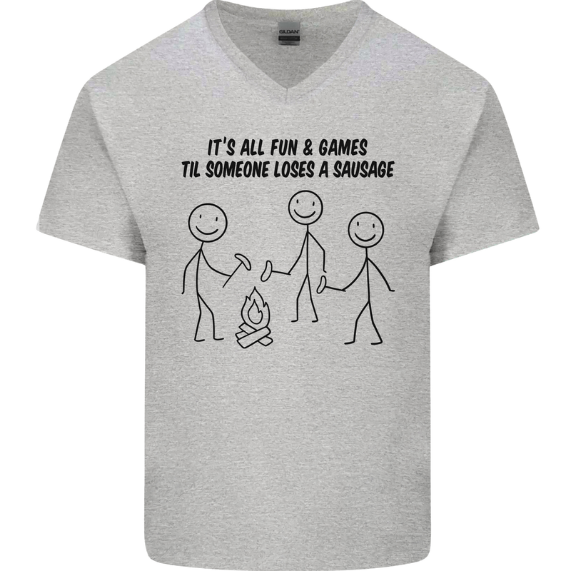Funny Camping Sausage Mens V-Neck Cotton T-Shirt Sports Grey