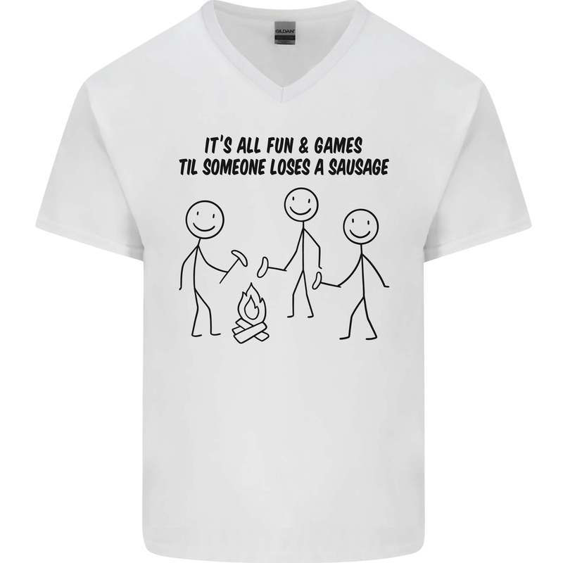Funny Camping Sausage Mens V-Neck Cotton T-Shirt White