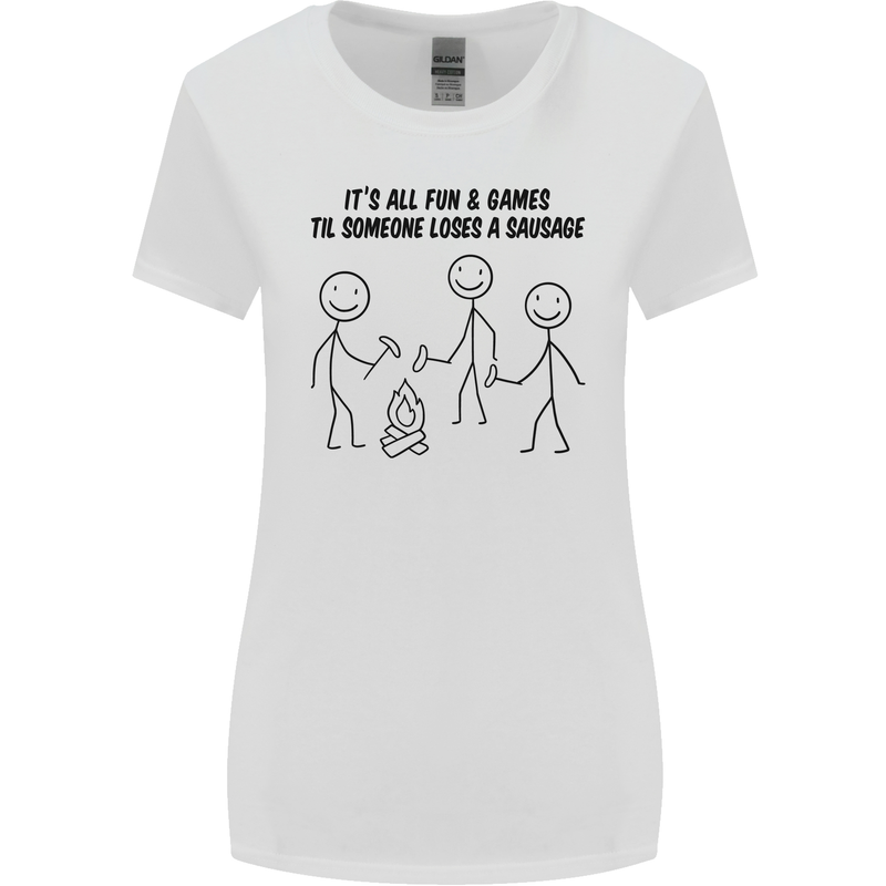 Funny Camping Sausage Womens Wider Cut T-Shirt White