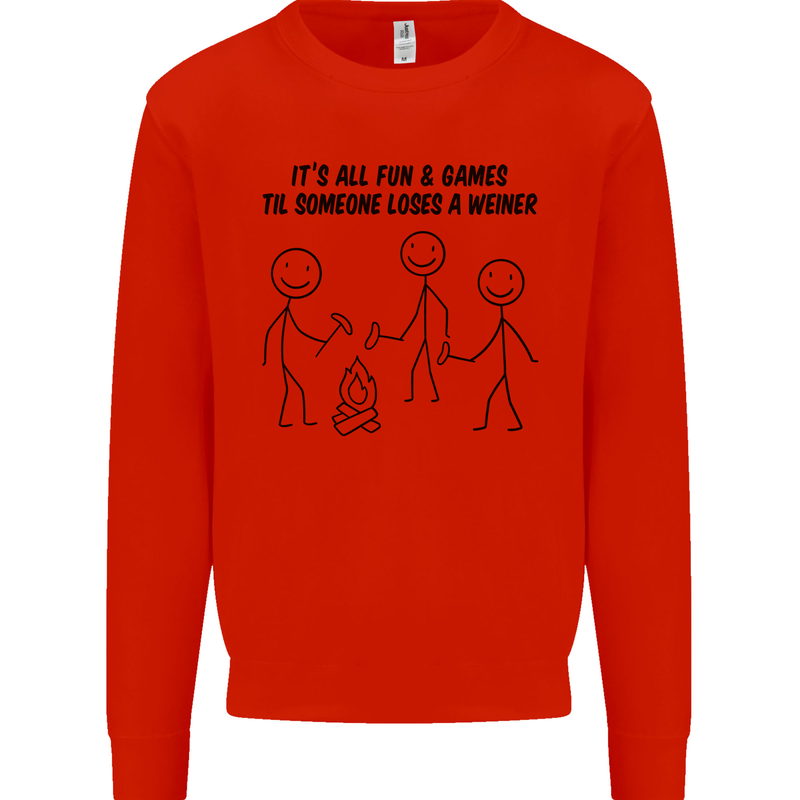 Funny Camping Weiner Kids Sweatshirt Jumper Bright Red