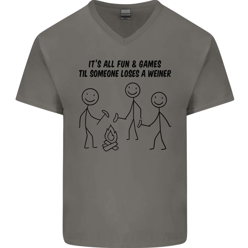 Funny Camping Weiner Mens V-Neck Cotton T-Shirt Charcoal