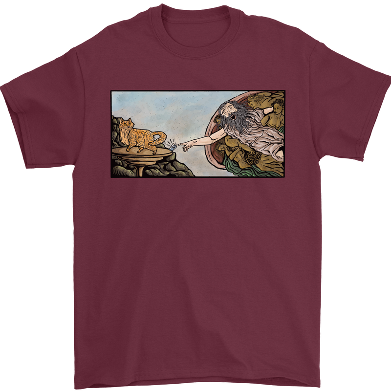 Funny Cat Creation Mens T-Shirt 100% Cotton Maroon