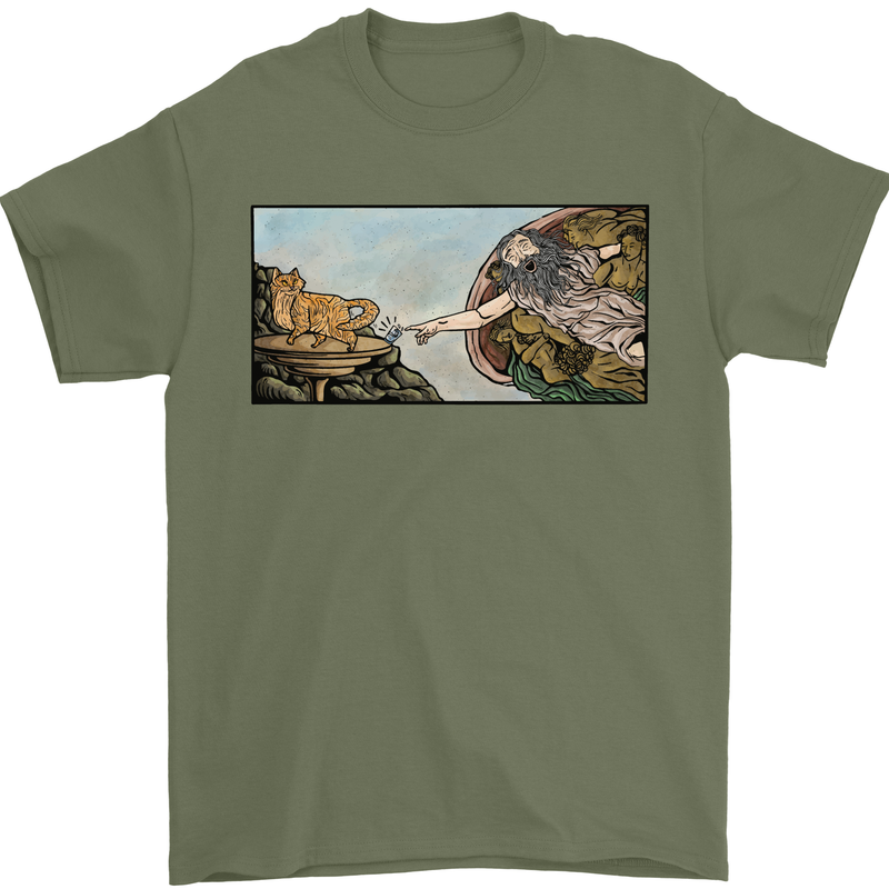 Funny Cat Creation Mens T-Shirt 100% Cotton Military Green