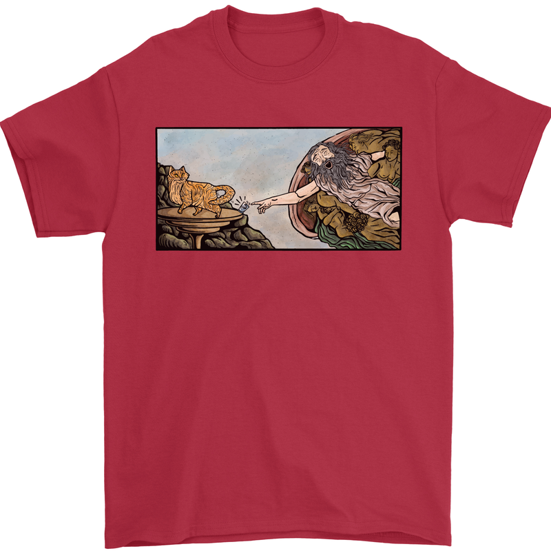 Funny Cat Creation Mens T-Shirt 100% Cotton Red
