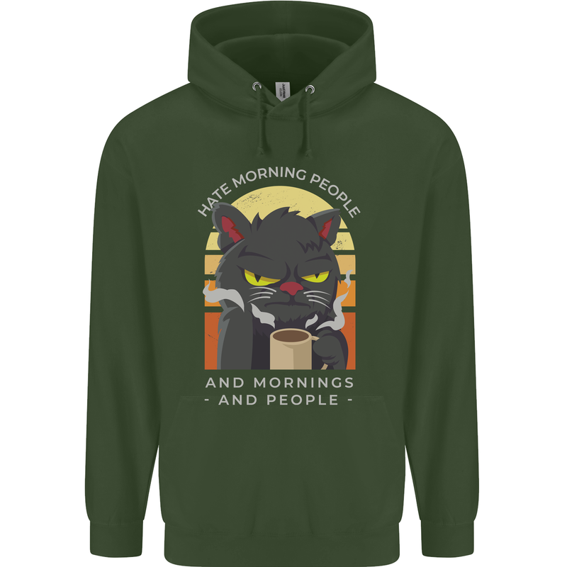Funny Cat I Hate Morning People Coffee Childrens Kids Hoodie Forest Green