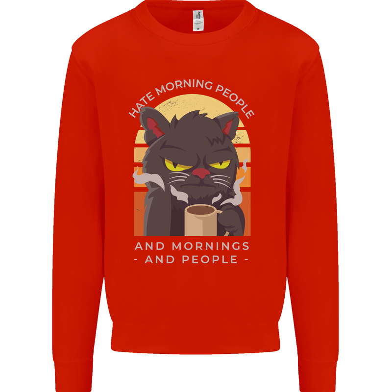 Funny Cat I Hate Morning People Coffee Kids Sweatshirt Jumper Bright Red