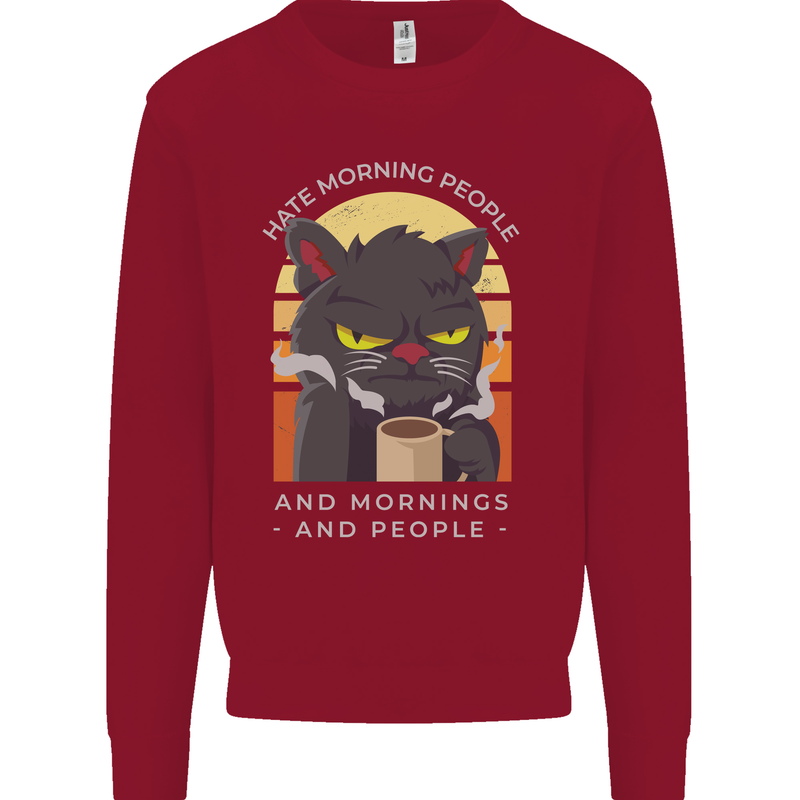 Funny Cat I Hate Morning People Coffee Kids Sweatshirt Jumper Red