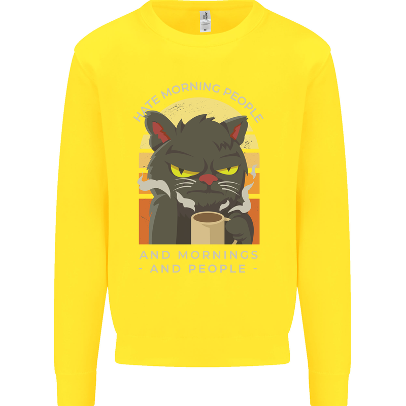 Funny Cat I Hate Morning People Coffee Kids Sweatshirt Jumper Yellow
