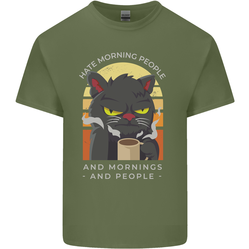 Funny Cat I Hate Morning People Coffee Mens Cotton T-Shirt Tee Top Military Green