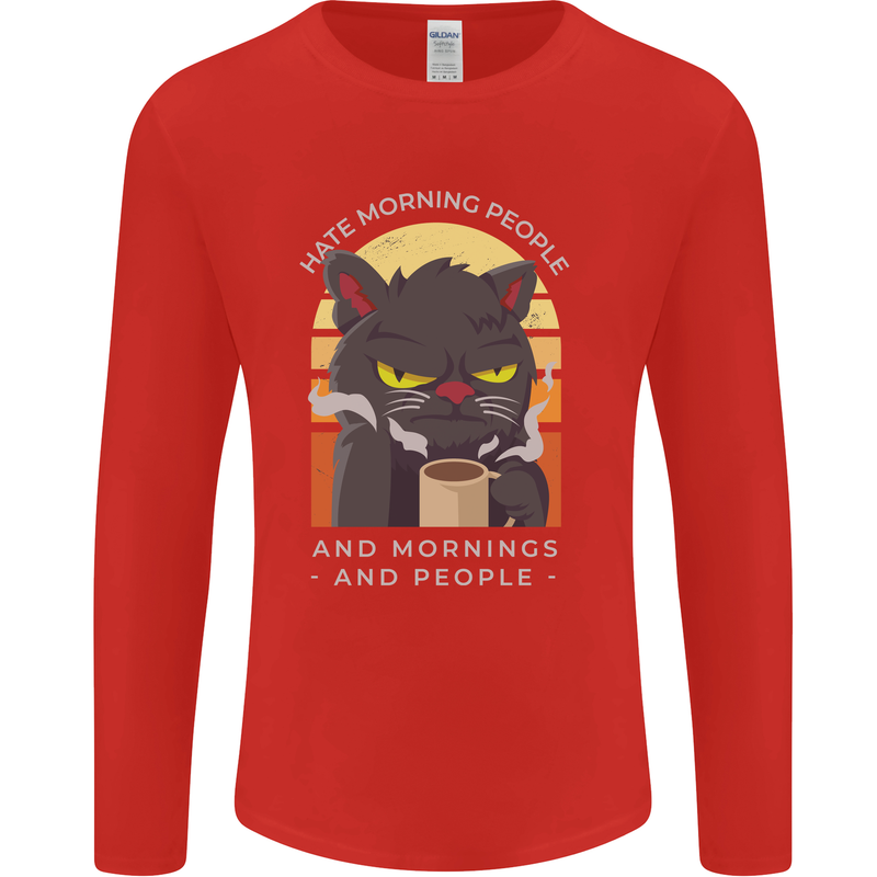 Funny Cat I Hate Morning People Coffee Mens Long Sleeve T-Shirt Red