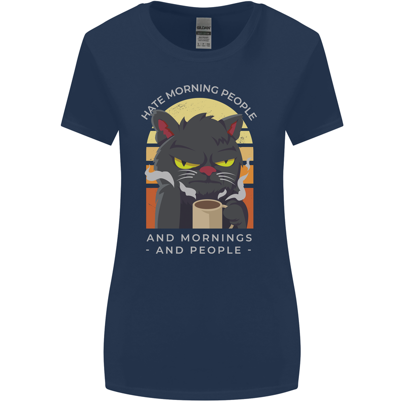Funny Cat I Hate Morning People Coffee Womens Wider Cut T-Shirt Navy Blue