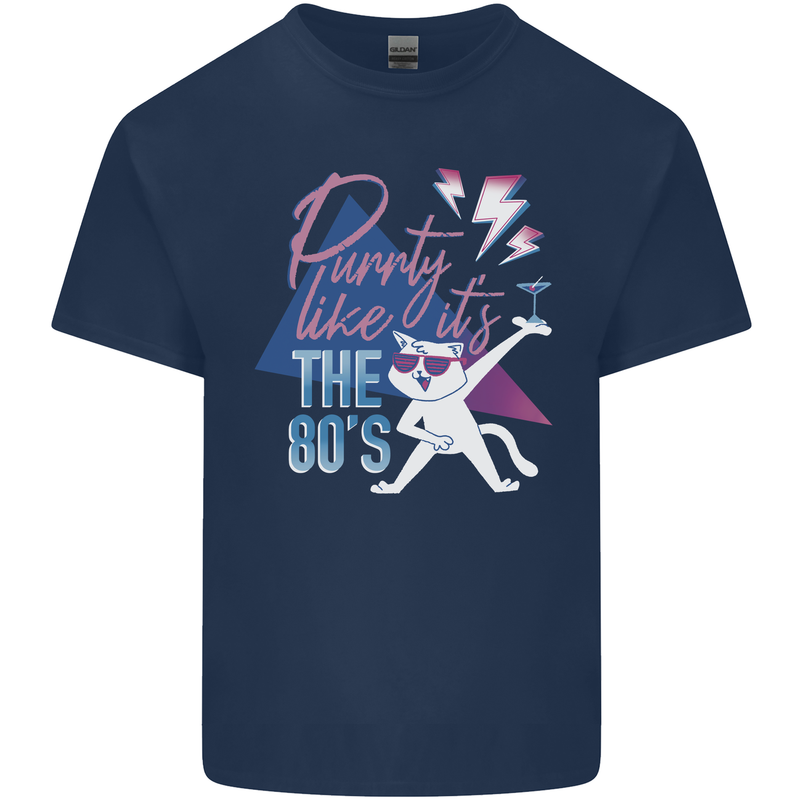 Funny Cat Purrty Like It's the 80's Kids T-Shirt Childrens Navy Blue