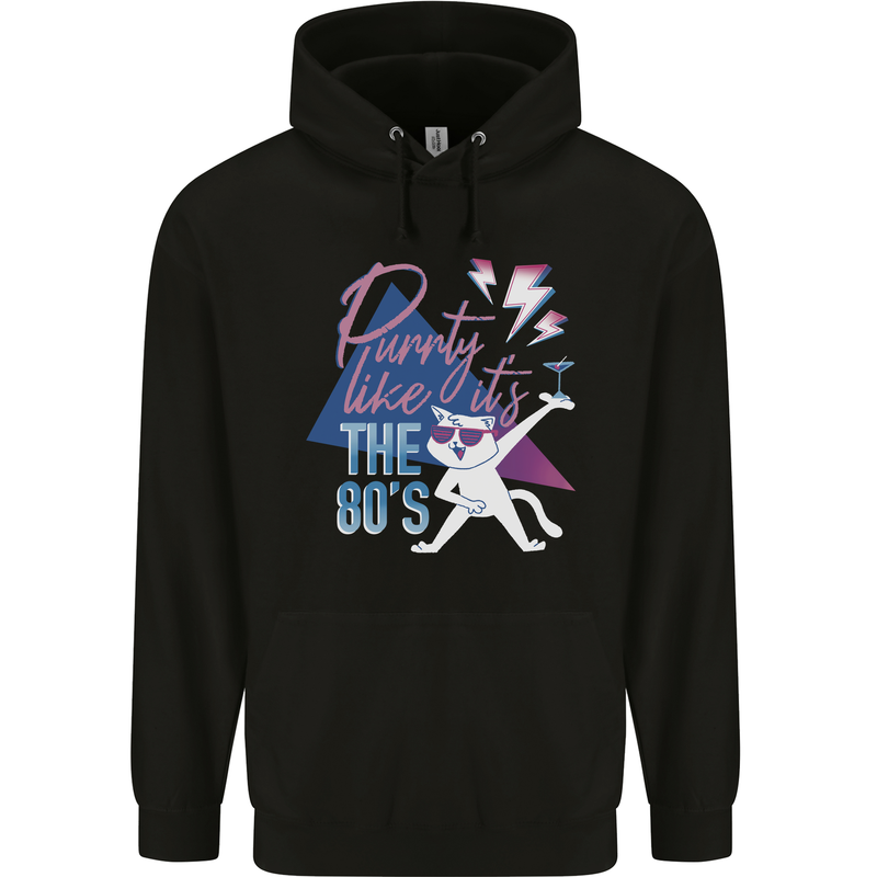 Funny Cat Purrty Like It's the 80's Mens 80% Cotton Hoodie Black
