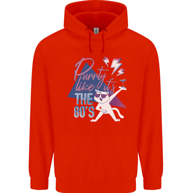 Funny Cat Purrty Like It's the 80's Mens 80% Cotton Hoodie Bright Red