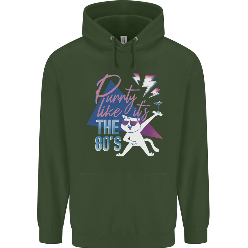 Funny Cat Purrty Like It's the 80's Mens 80% Cotton Hoodie Forest Green