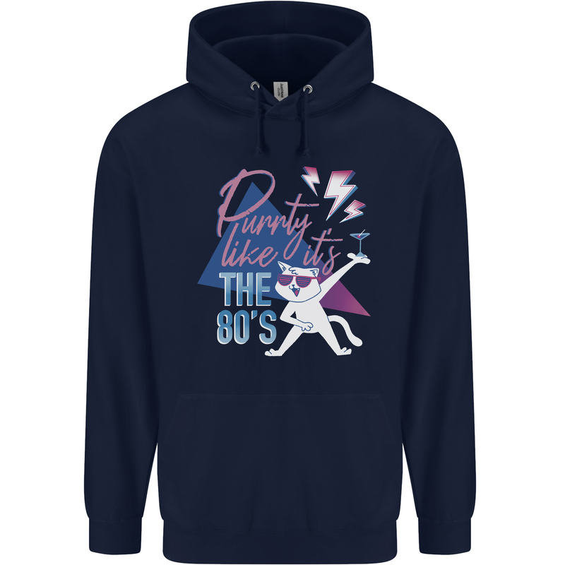 Funny Cat Purrty Like It's the 80's Mens 80% Cotton Hoodie Navy Blue