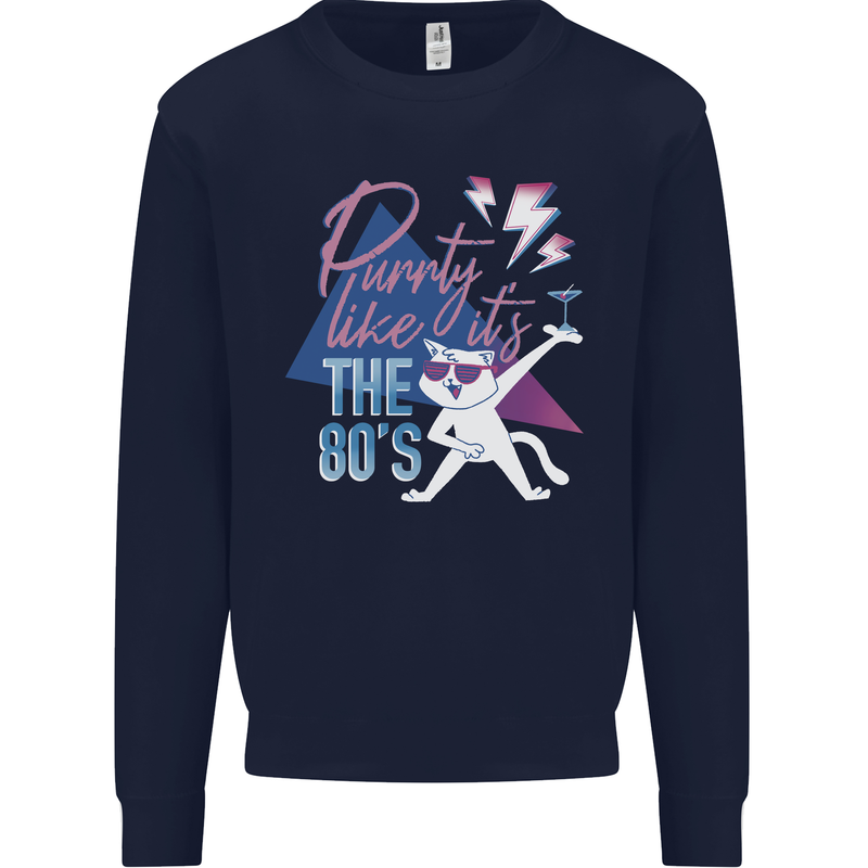 Funny Cat Purrty Like It's the 80's Mens Sweatshirt Jumper Navy Blue