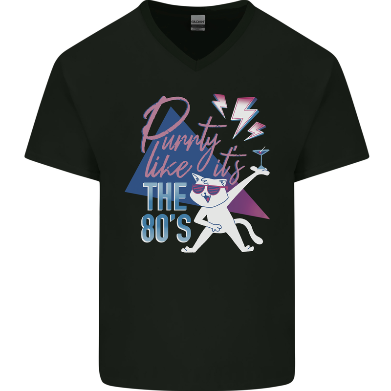 Funny Cat Purrty Like It's the 80's Mens V-Neck Cotton T-Shirt Black
