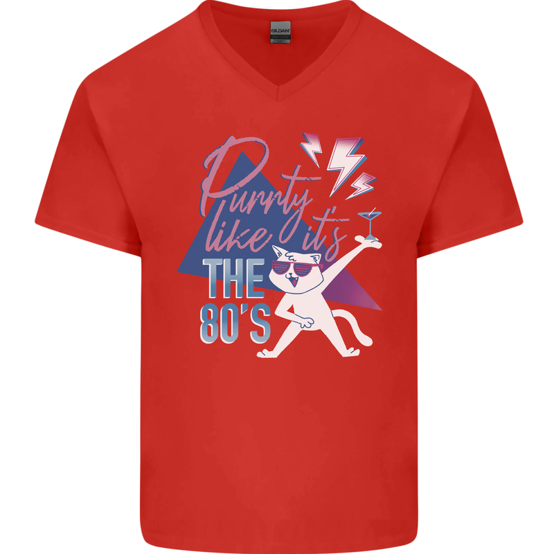 Funny Cat Purrty Like It's the 80's Mens V-Neck Cotton T-Shirt Red