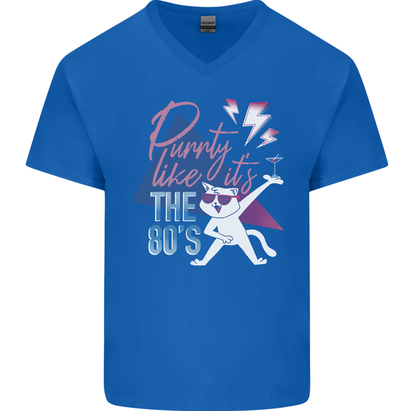Funny Cat Purrty Like It's the 80's Mens V-Neck Cotton T-Shirt Royal Blue