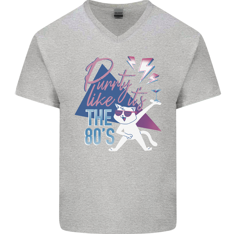Funny Cat Purrty Like It's the 80's Mens V-Neck Cotton T-Shirt Sports Grey