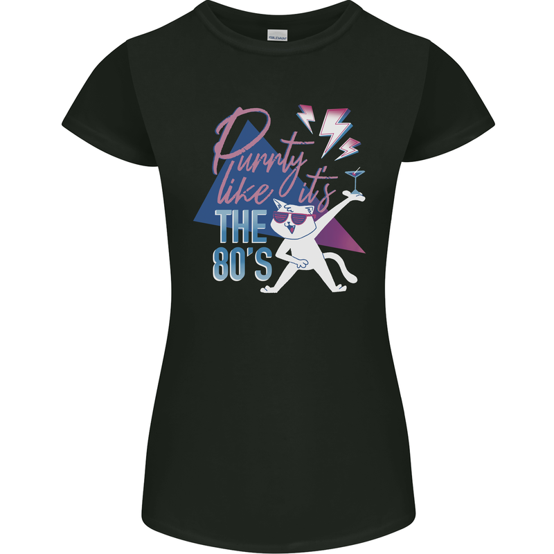 Funny Cat Purrty Like It's the 80's Womens Petite Cut T-Shirt Black