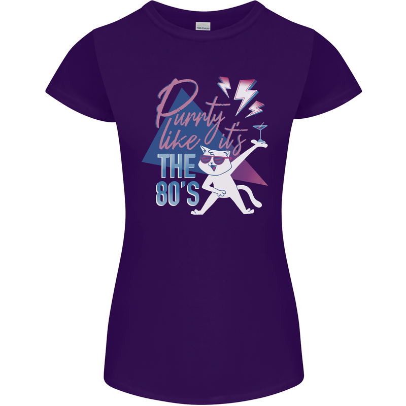 Funny Cat Purrty Like It's the 80's Womens Petite Cut T-Shirt Purple