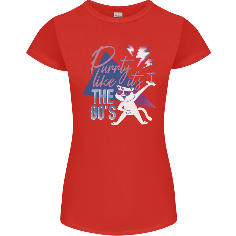 Funny Cat Purrty Like It's the 80's Womens Petite Cut T-Shirt Red