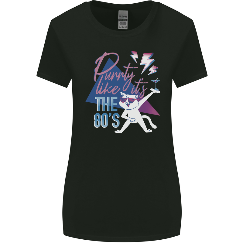 Funny Cat Purrty Like It's the 80's Womens Wider Cut T-Shirt Black