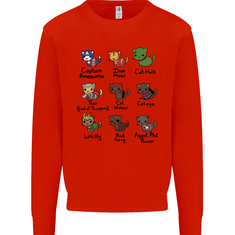Funny Cat Superheroes Kids Sweatshirt Jumper Bright Red